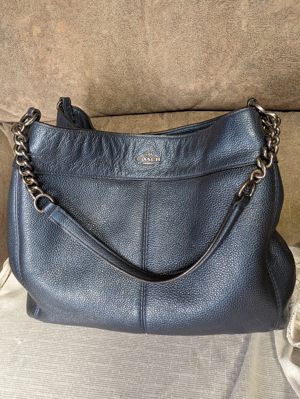 Coach Metallic Navy Leather Lexy Triple Compartment Shoulder Bag